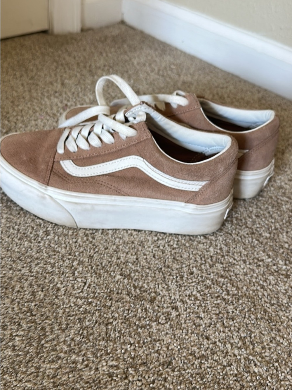 Vans Platform Suede Sneakers in Tan with White Stripe